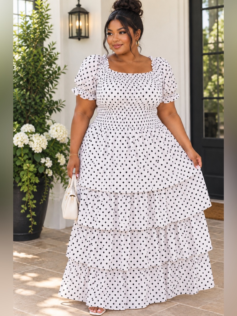Smocked Puff-Sleeve Polka Dot Maxi Dress - White with Black Dots
